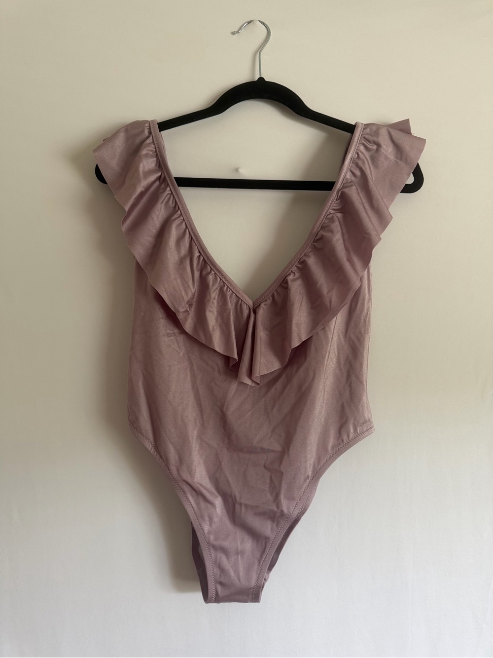 New PINK Victorias Secret Dreamy Lilac Shine Ruffle Deep V One Piece Swim Suit L